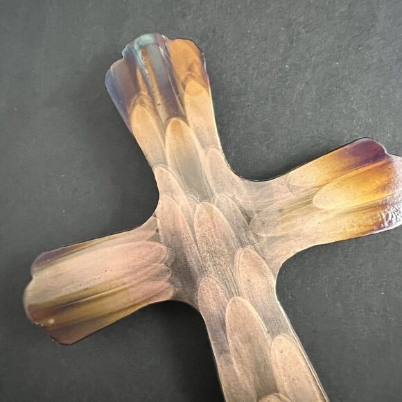 Flame Painted Copper Cross Wall Hang Decor Artisan Handmade Small 6” X 4” cottag - Picture 6 of 8